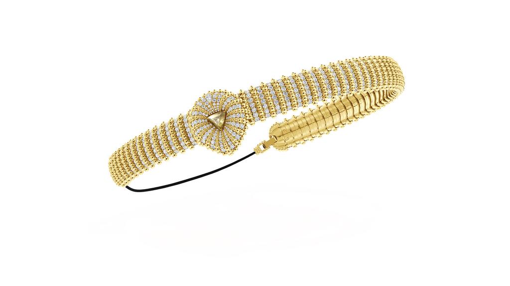 A headband with gold beads and pavé-set diamonds, featuring a 1.66-carat triangular macle rough yellow diamond and a pear-shaped diamond De Beers high jewelry Protection Headband